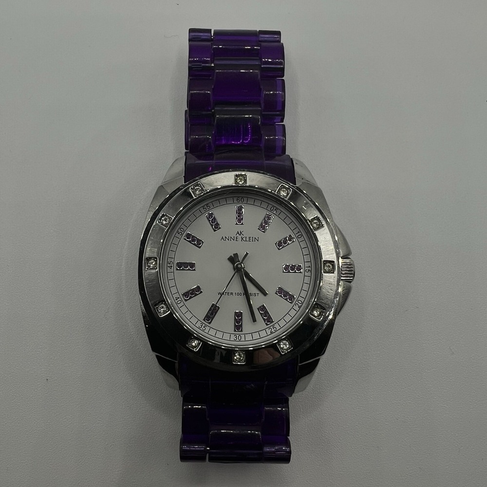 Anne Klein Watch Women's 30mm Case Purple Band‎ Gem Set Bezel Quartz Analog Gift